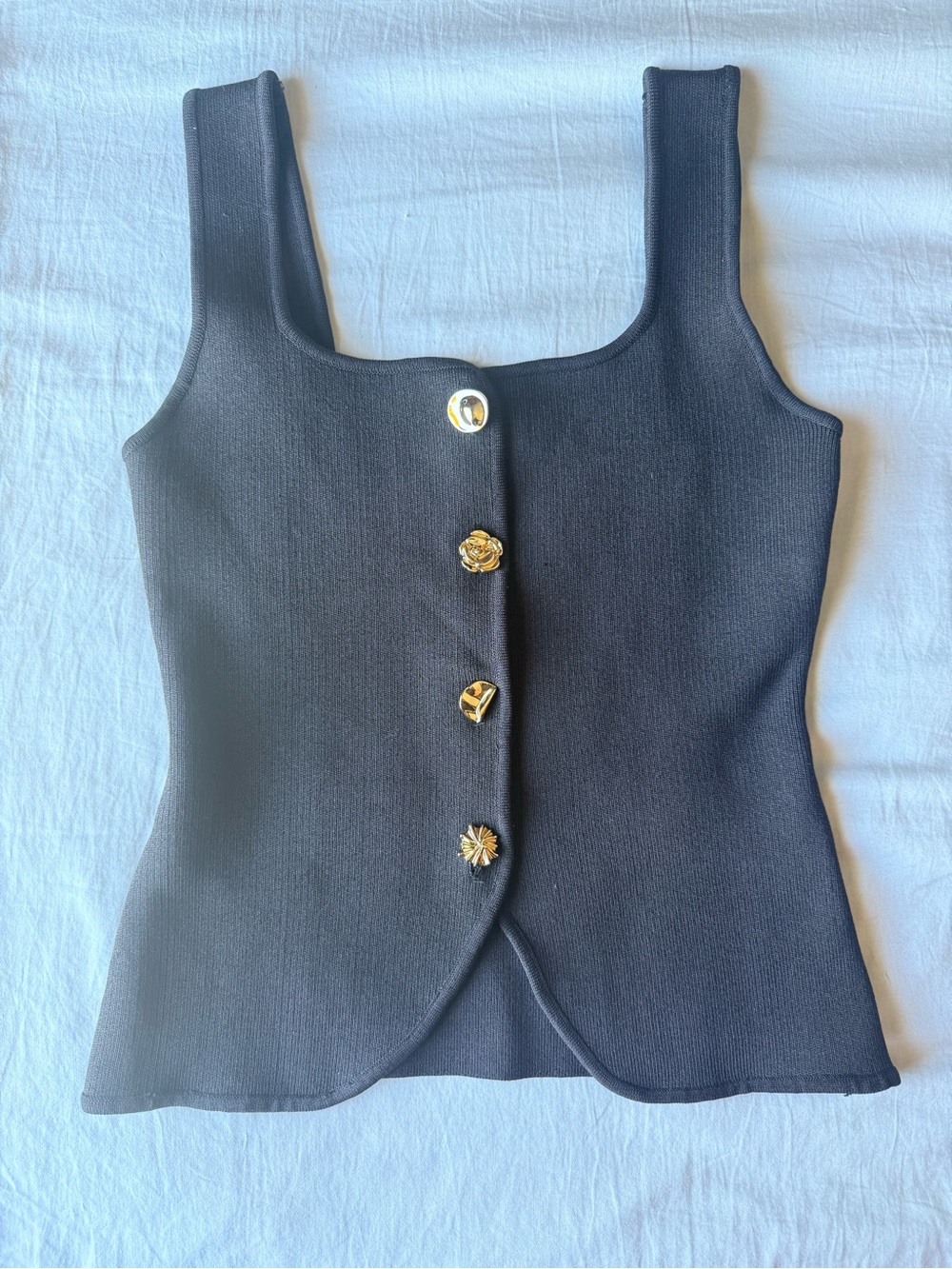 Sleeveless Deep Brown Square-Neck Knit Vest Top with Gold Decorative Buttons